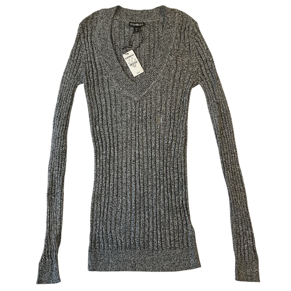Express Women Sweater S/P Gray Cotton Blend Long Sleeve V-neck NWT Knit Blouse
